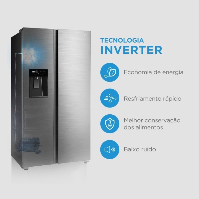 Refrigerador Midea Side By Side 570L Dispenser De Agua E Gelo